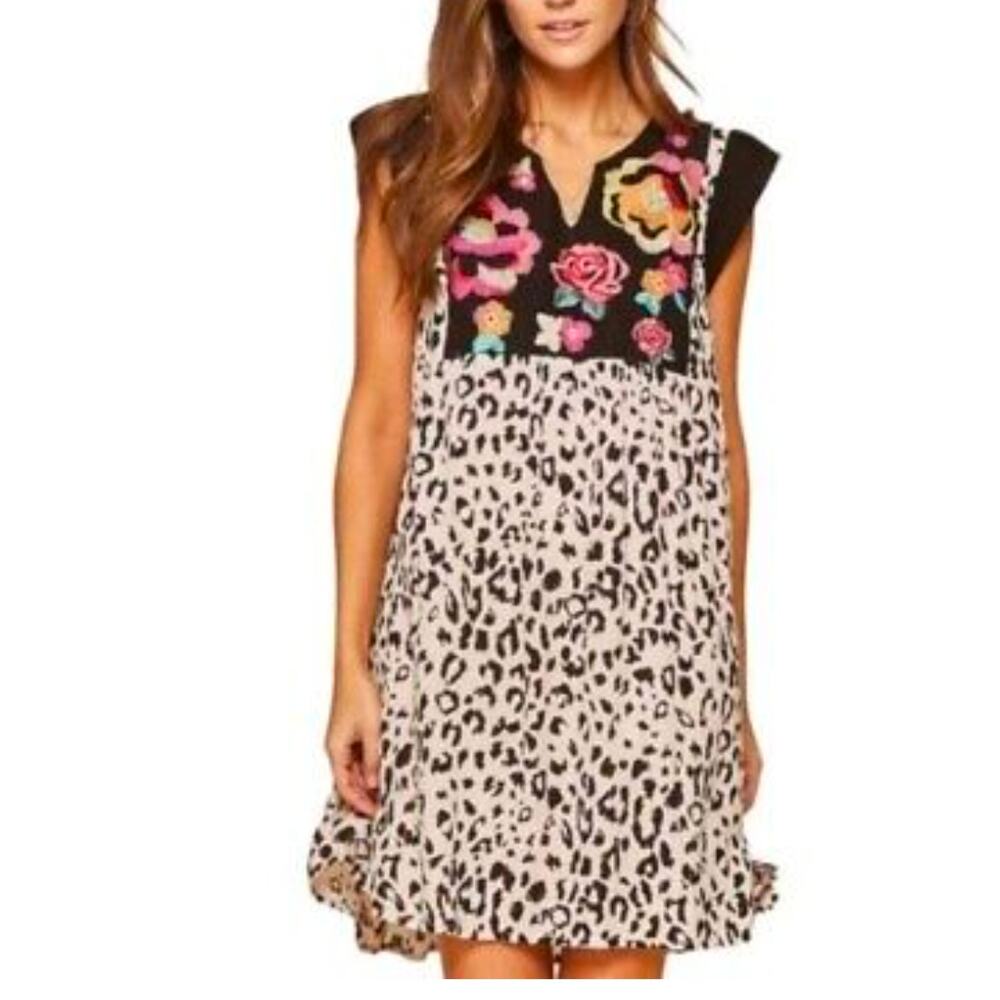 Savanna Jane Womens Shift Dress Leopard Floral Embroideredb sz small